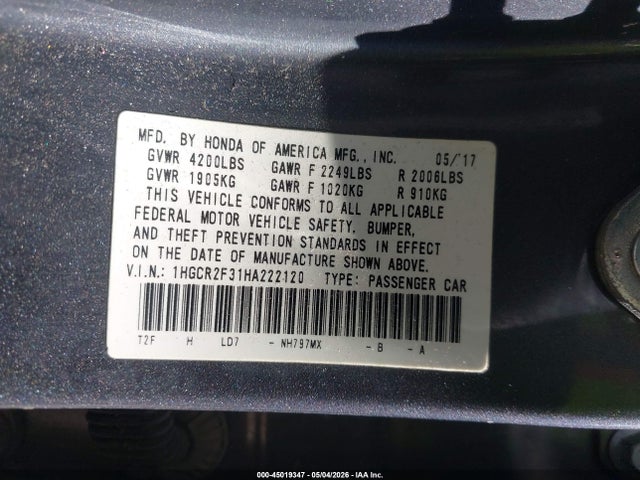 Продаж на аукціоні авто 2017 Honda Accord Lx, vin: 1HGCR2F31HA222120, номер лоту: 45019347