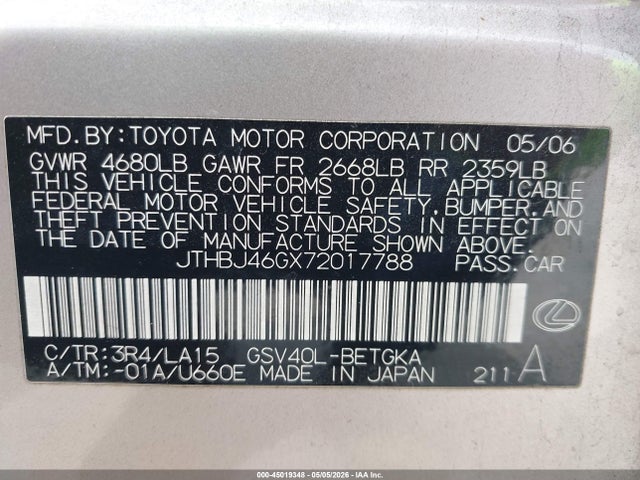 Aukcja sprzedaży 2007 Lexus Es 350, vin: JTHBJ46GX72017788, numer aukcji: 45019348