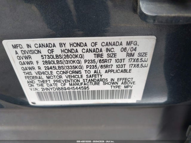 Продаж на аукціоні авто 2004 Acura Mdx, vin: 2HNYD18894H544595, номер лоту: 45019350