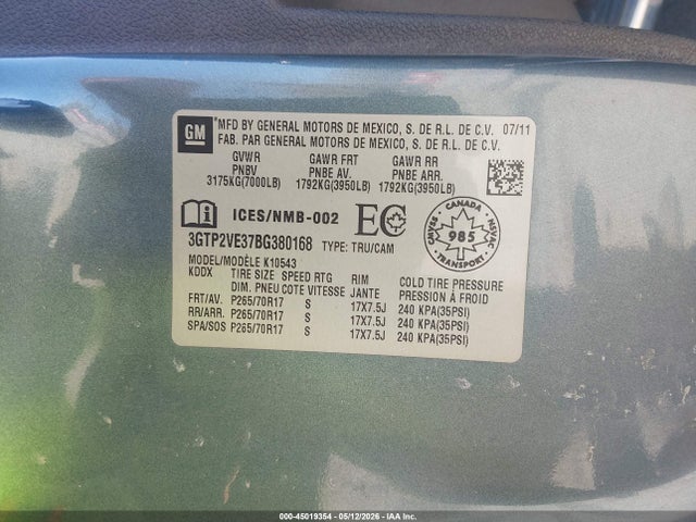 Aukcja sprzedaży 2011 Gmc Sierra 1500 Sle, vin: 3GTP2VE37BG380168, numer aukcji: 45019354