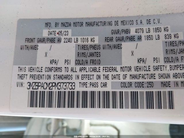 45019359 :رقم المزاد ، 3MZBPACM2PM373733 vin ، 2023 Mazda Mazda3 2.5 S Preferred مزاد بيع