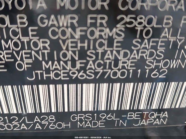 45019381 :رقم المزاد ، JTHCE96S770011162 vin ، 2007 Lexus Gs 350 مزاد بيع