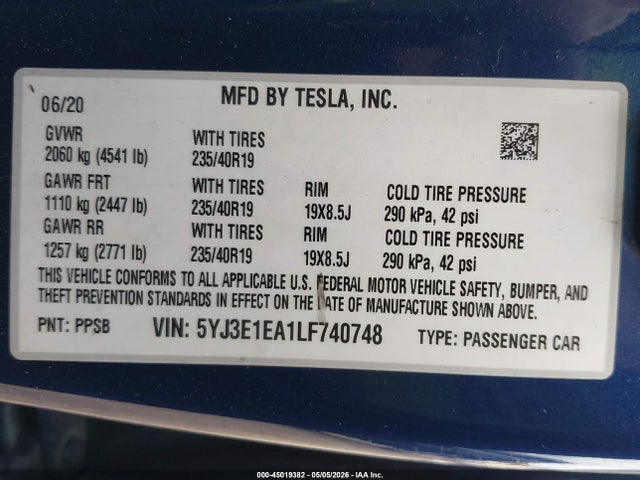 5YJ3E1EA1LF740748 Tesla Model 3 Standard Range Plus Rear-wheel Drive/standard Range Rear-wheel Drive
