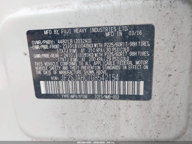 45019391 :رقم المزاد ، JF2SJAHC7GH542154 vin ، 2016 Subaru Forester 2.5i Limited مزاد بيع