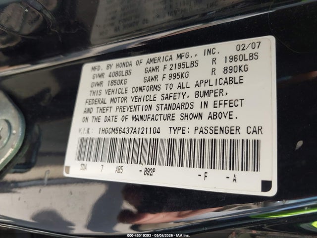 Продажа на аукционе авто 2007 Honda Accord 2.4 Lx, vin: 1HGCM56437A121104, номер лота: 45019393