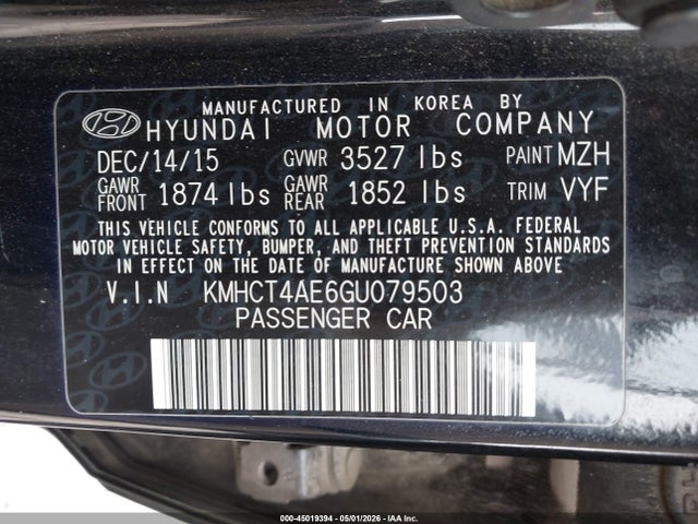 2016 Hyundai Accent Se მანქანა იყიდება აუქციონზე, vin: KMHCT4AE6GU079503, აუქციონის ნომერი: 45019394