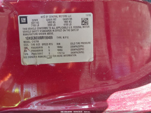45019396 :رقم المزاد ، 1GNSCBE08BR199499 vin ، 2011 Chevrolet Tahoe Lt مزاد بيع