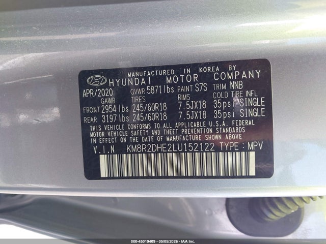 Продаж на аукціоні авто 2020 Hyundai Palisade Sel, vin: KM8R2DHE2LU152122, номер лоту: 45019409