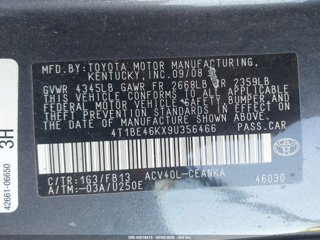 Продаж на аукціоні авто 2009 Toyota Camry Le, vin: 4T1BE46KX9U356466, номер лоту: 45019415