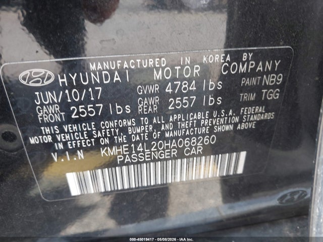 Aukcja sprzedaży 2017 Hyundai Sonata Plug-in Hybrid, vin: KMHE14L20HA068260, numer aukcji: 45019417