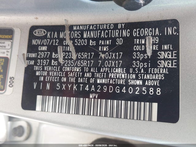 Продажа на аукционе авто 2013 Kia Sorento Lx V6, vin: 5XYKT4A29DG402588, номер лота: 45019428