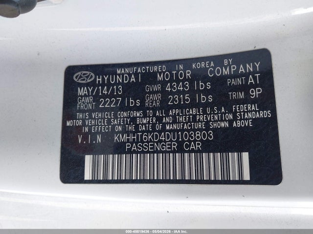 2013 Hyundai Genesis 2.0t Premium მანქანა იყიდება აუქციონზე, vin: KMHHT6KD4DU103803, აუქციონის ნომერი: 45019436