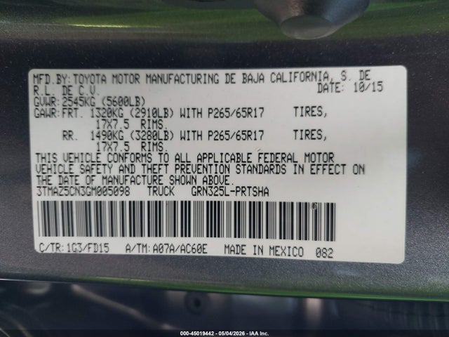 Продажа на аукционе авто 2016 Toyota Tacoma Trd Sport, vin: 3TMAZ5CN3GM005098, номер лота: 45019442