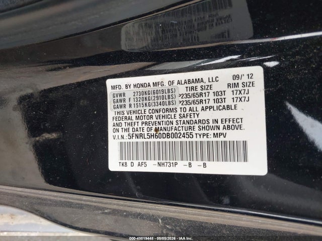 Продаж на аукціоні авто 2013 Honda Odyssey Ex-l, vin: 5FNRL5H60DB002455, номер лоту: 45019448