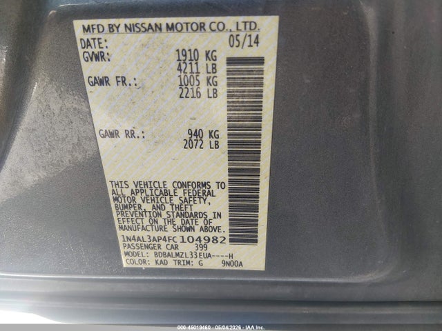 Nissan Altima 2.5 Sv 2015 1N4AL3AP4FC104982 Image 9