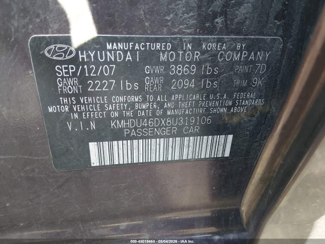 Продаж на аукціоні авто 2008 Hyundai Elantra Gls/se, vin: KMHDU46DX8U319106, номер лоту: 45019464