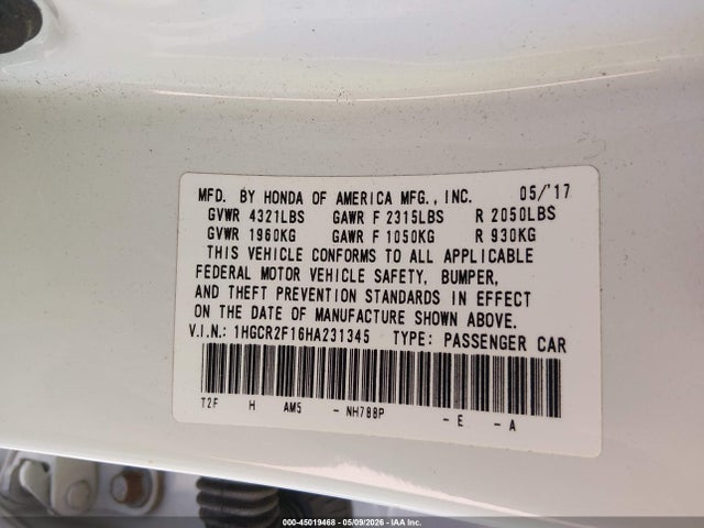 1HGCR2F16HA231345 Honda Accord Sport Se