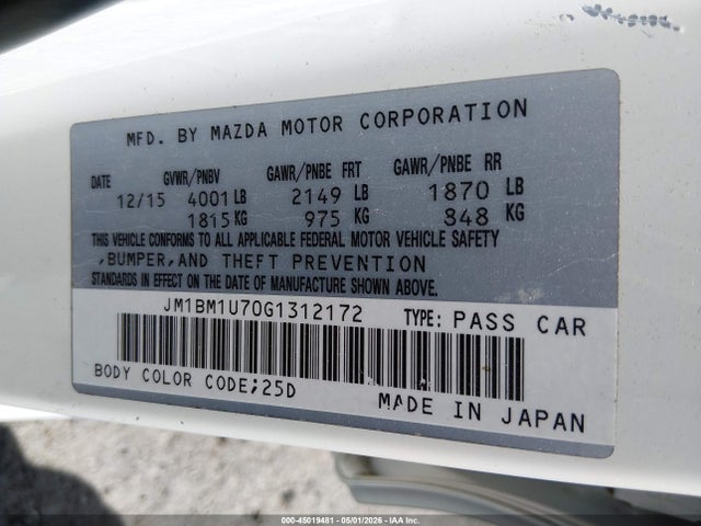2016 Mazda Mazda3 I Sport მანქანა იყიდება აუქციონზე, vin: JM1BM1U70G1312172, აუქციონის ნომერი: 45019481