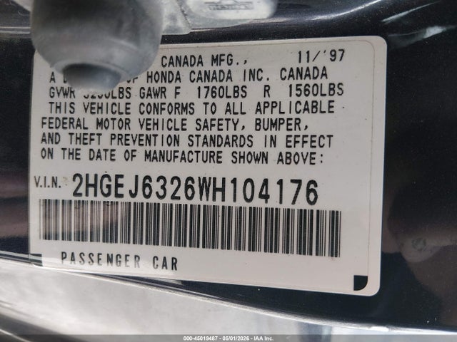 45019487 :رقم المزاد ، 2HGEJ6326WH104176 vin ، 1998 Honda Civic Cx مزاد بيع