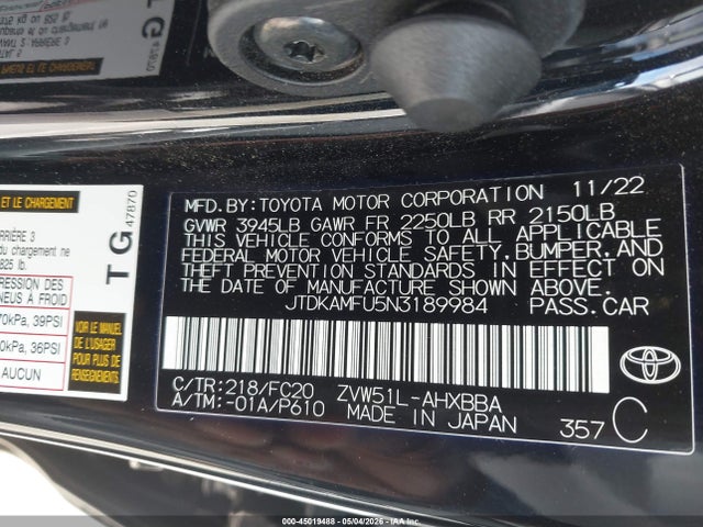 JTDKAMFU5N3189984 Toyota Prius L