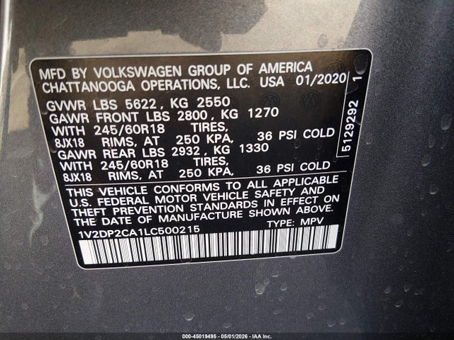 2020 Volkswagen Atlas 2.0t Se მანქანა იყიდება აუქციონზე, vin: 1V2DP2CA1LC500215, აუქციონის ნომერი: 45019495