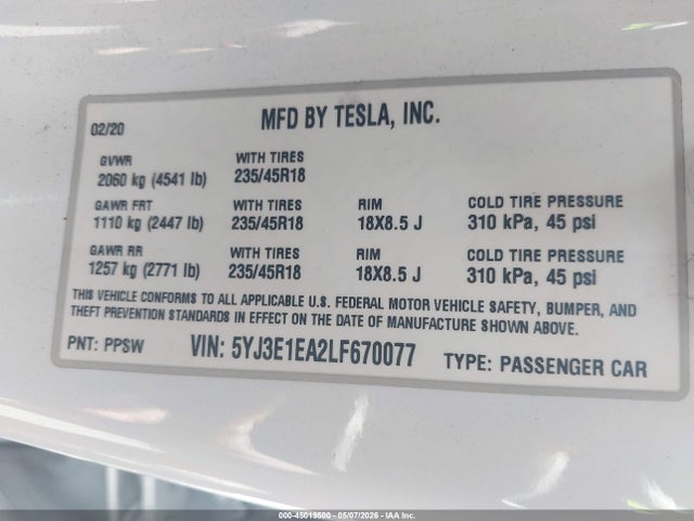 5YJ3E1EA2LF670077 Tesla Model 3 Standard Range Plus Rear-wheel Drive/standard Range Rear-wheel Drive