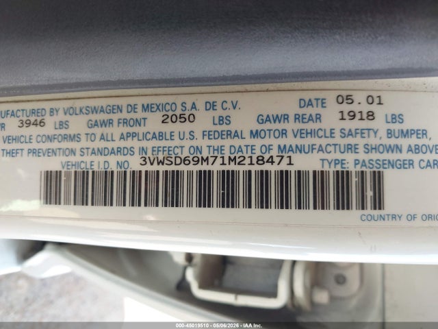 Продажа на аукционе авто 2001 Volkswagen Jetta Gls 1.8l Turbo, vin: 3VWSD69M71M218471, номер лота: 45019510