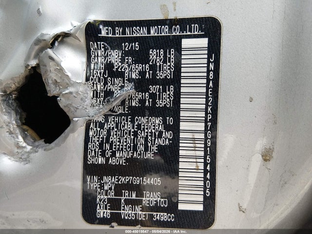 Aukcja sprzedaży 2016 Nissan Quest Platinum/s/sl/sv, vin: JN8AE2KP7G9154405, numer aukcji: 45019547