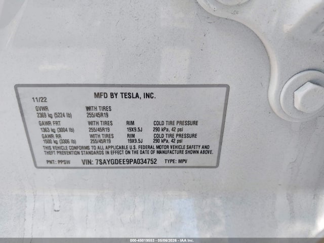 Auction sale of the 2023 Tesla Model Y Awd/long Range Dual Motor All-wheel Drive, vin: 7SAYGDEE9PA034752, lot number: 45019553