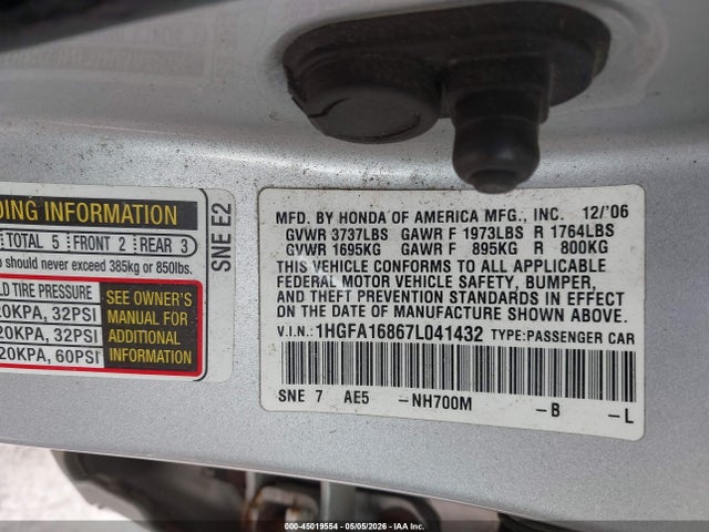 2007 Honda Civic Ex მანქანა იყიდება აუქციონზე, vin: 1HGFA16867L041432, აუქციონის ნომერი: 45019554