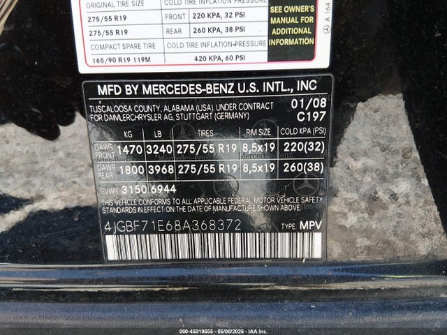 45019555 :رقم المزاد ، 4JGBF71E68A368372 vin ، 2008 Mercedes-benz Gl 450 4matic مزاد بيع