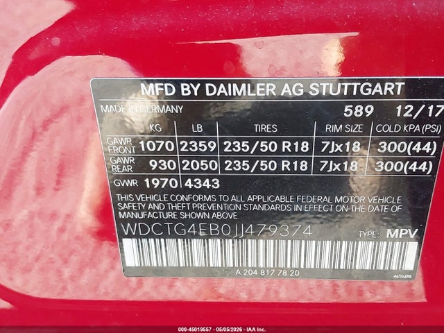 Продажа на аукционе авто 2018 Mercedes-benz Gla 250, vin: WDCTG4EB0JJ479374, номер лота: 45019557