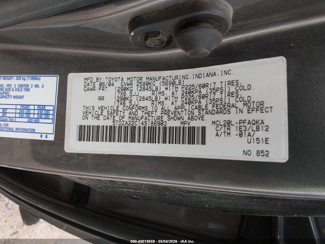 Aukcja sprzedaży 2004 Toyota Sienna Xle Limited, vin: 5TDZA22C14S186903, numer aukcji: 45019559