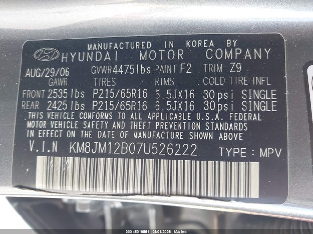 45019561 :رقم المزاد ، KM8JM12B07U526222 vin ، 2007 Hyundai Tucson Gls مزاد بيع