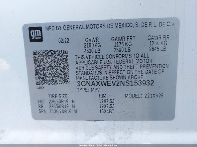 45019566 :رقم المزاد ، 3GNAXWEV2NS153932 vin ، 2022 Chevrolet Equinox Awd Rs مزاد بيع