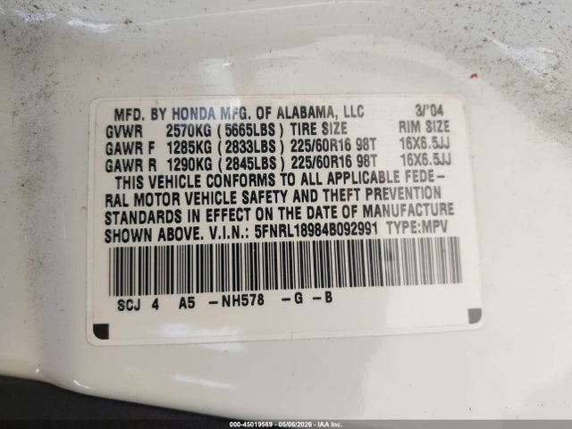 Aukcja sprzedaży 2004 Honda Odyssey Ex-l, vin: 5FNRL18984B092991, numer aukcji: 45019569