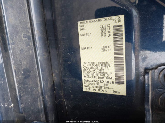 Aukcja sprzedaży 2011 Nissan Maxima 3.5 S, vin: 1N4AA5APXBC825836, numer aukcji: 45019579