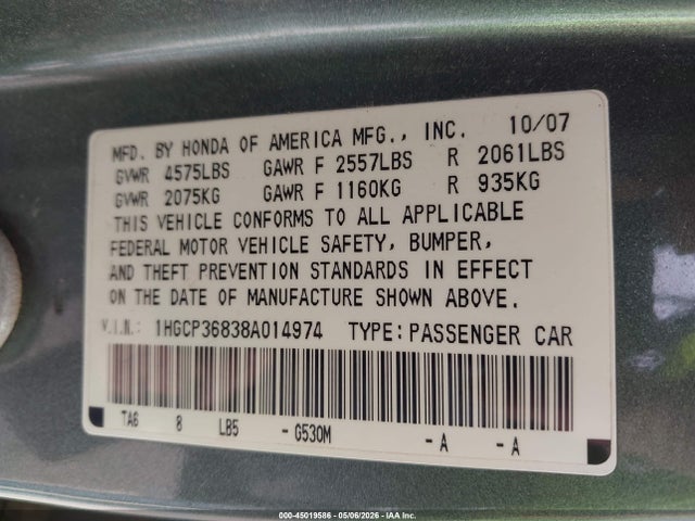 2008 Honda Accord 3.5 Ex-l მანქანა იყიდება აუქციონზე, vin: 1HGCP36838A014974, აუქციონის ნომერი: 45019586