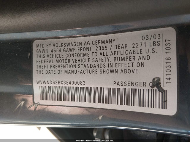 Aukcja sprzedaży 2003 Volkswagen Passat Gl, vin: WVWND63BX3E400083, numer aukcji: 45019589
