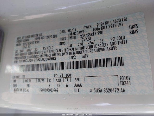 45019598 :رقم المزاد ، 1FMCU0F73KUC04952 vin ، 2019 Ford Escape S مزاد بيع