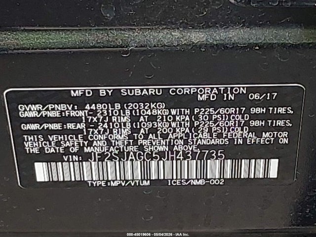 Продажа на аукционе авто 2018 Subaru Forester 2.5i Premium, vin: JF2SJAGC5JH437735, номер лота: 45019606