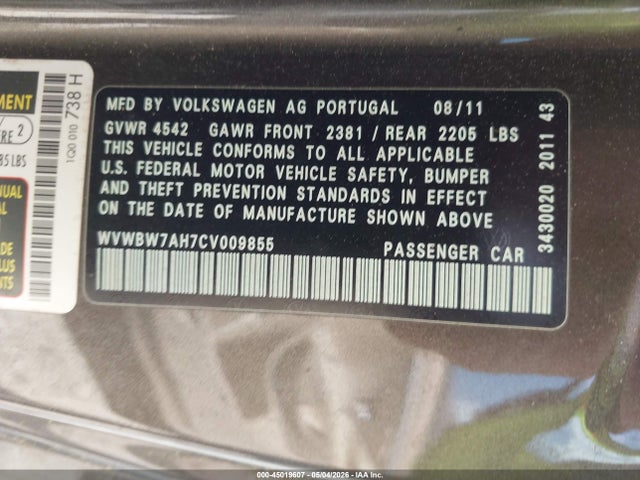 2012 Volkswagen Eos Komfort მანქანა იყიდება აუქციონზე, vin: WVWBW7AH7CV009855, აუქციონის ნომერი: 45019607