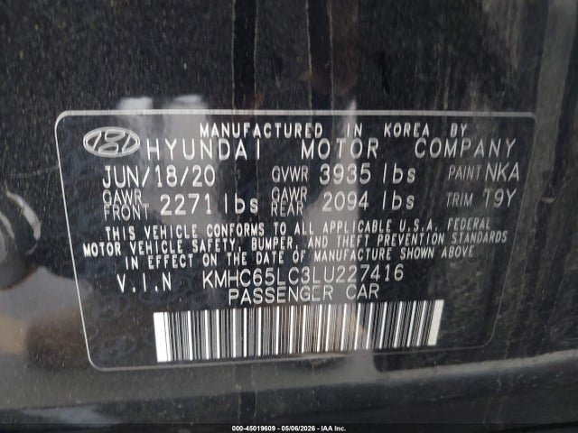Aukcja sprzedaży 2020 Hyundai Ioniq Hybrid Blue, vin: KMHC65LC3LU227416, numer aukcji: 45019609