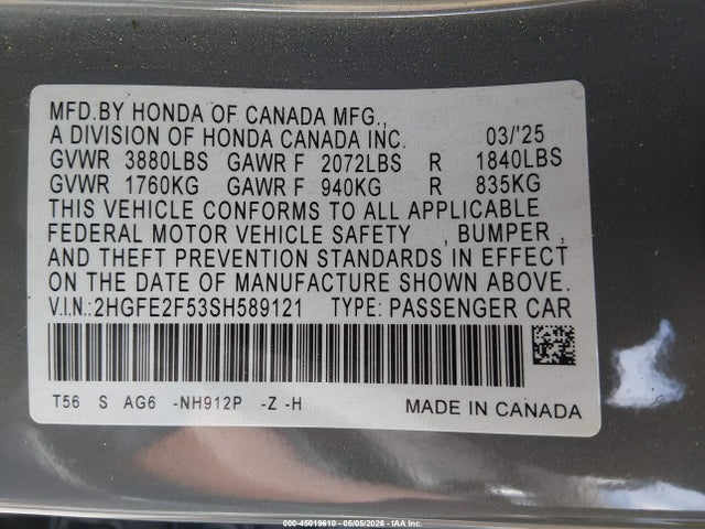 2025 Honda Civic Sport მანქანა იყიდება აუქციონზე, vin: 2HGFE2F53SH589121, აუქციონის ნომერი: 45019610