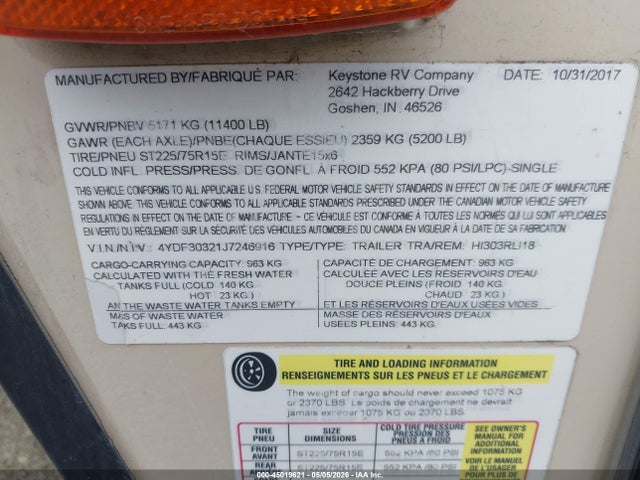 4YDF30321J7246916 Keystone keystone