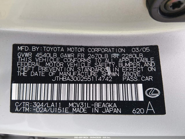 Aukcja sprzedaży 2005 Lexus Es 330, vin: JTHBA30G255114742, numer aukcji: 45019624