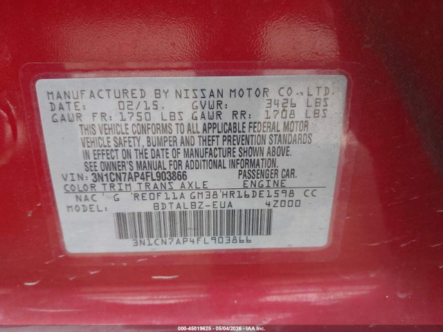 45019625 :رقم المزاد ، 3N1CN7AP4FL903866 vin ، 2015 Nissan Versa 1.6 Sv مزاد بيع