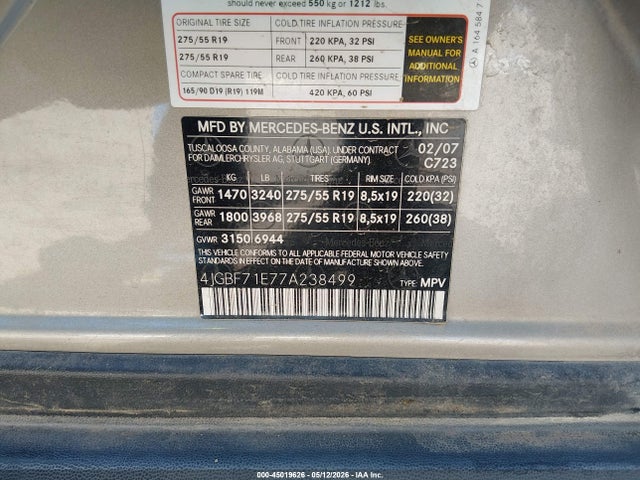 45019626 :رقم المزاد ، 4JGBF71E77A238499 vin ، 2007 Mercedes-benz Gl 450 4matic مزاد بيع