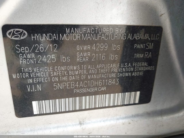 Aukcja sprzedaży 2013 Hyundai Sonata Gls, vin: 5NPEB4AC1DH611843, numer aukcji: 45019636