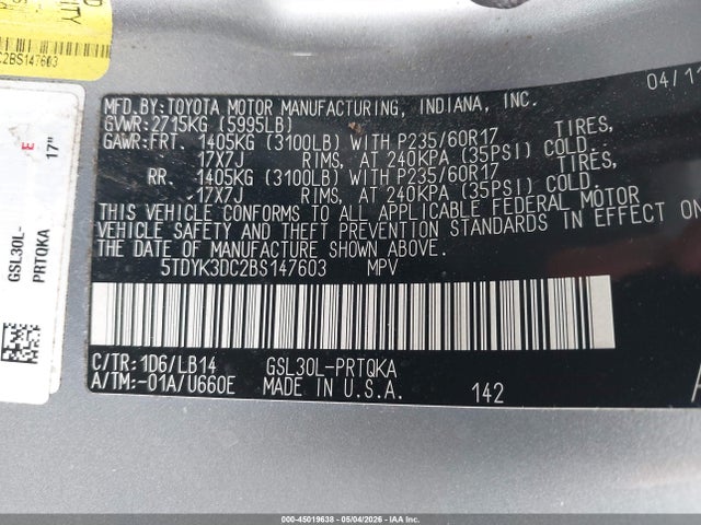 2011 Toyota Sienna Xle V6 მანქანა იყიდება აუქციონზე, vin: 5TDYK3DC2BS147603, აუქციონის ნომერი: 45019638